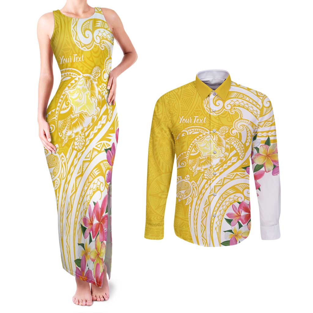 Aloha Oahu Island Personalized Couples Matching Tank Maxi Dress and Long Sleeve Button Shirt Yellow Dreamy Turtle