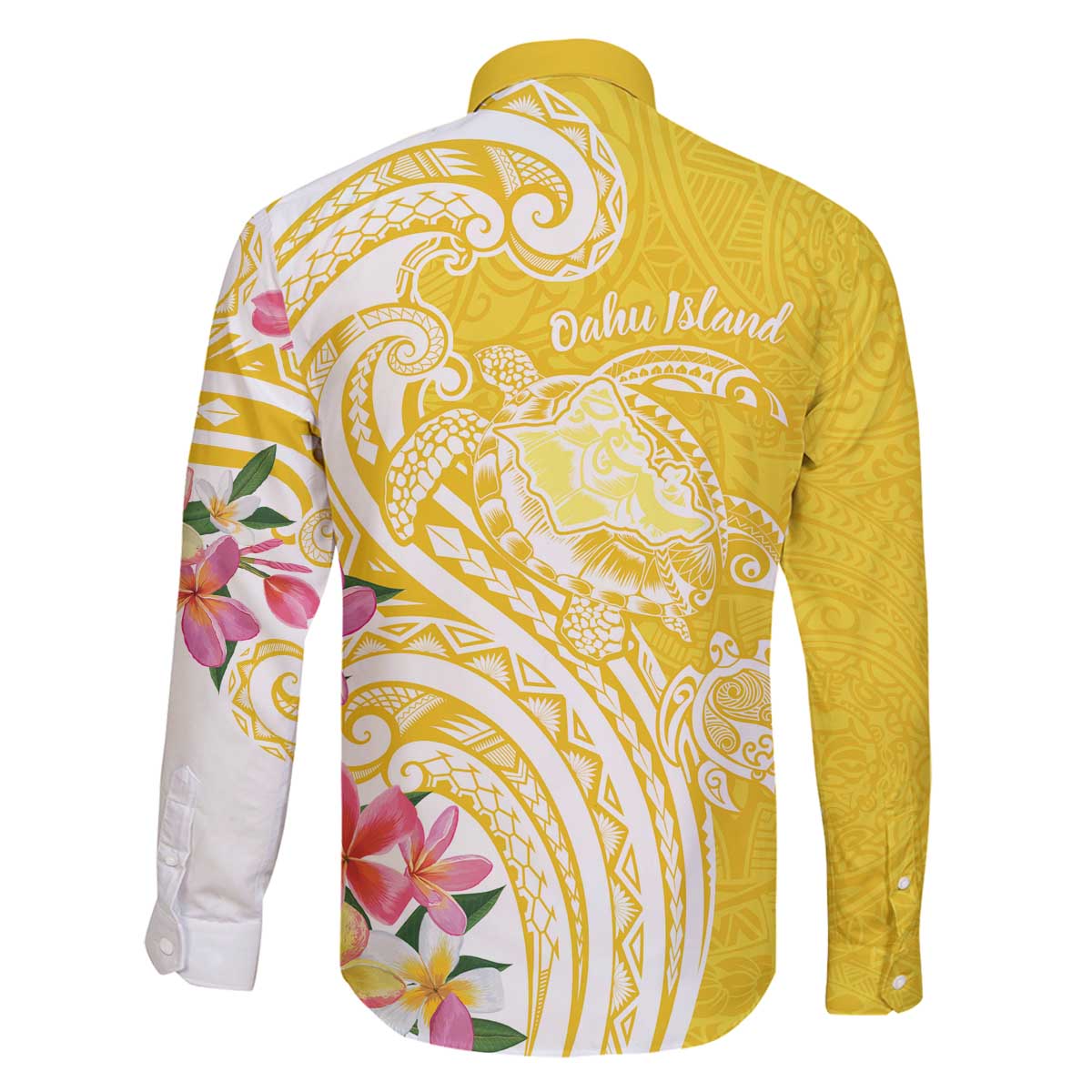 Aloha Oahu Island Personalized Family Matching Off The Shoulder Long Sleeve Dress and Hawaiian Shirt Yellow Dreamy Turtle