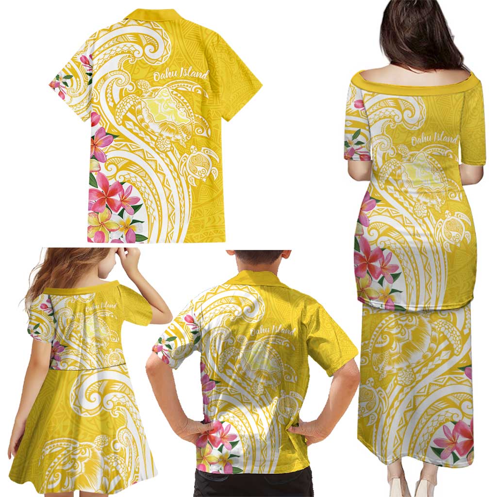 Aloha Oahu Island Personalized Family Matching Puletasi and Hawaiian Shirt Yellow Dreamy Turtle