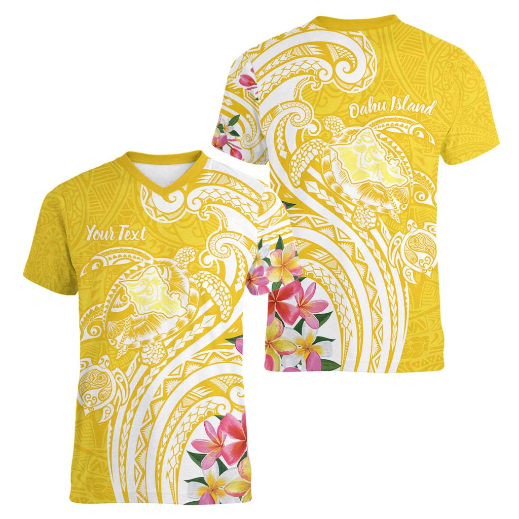 Aloha Oahu Island Personalized Women V-Neck T-Shirt Yellow Dreamy Turtle LT7 - Polynesian Pride
