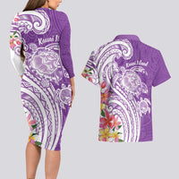 Aloha Kauai Island Personalized Couples Matching Long Sleeve Bodycon Dress and Hawaiian Shirt Lilac Dreamy Turtle