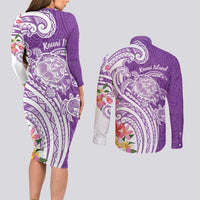 Aloha Kauai Island Personalized Couples Matching Long Sleeve Bodycon Dress and Long Sleeve Button Shirt Lilac Dreamy Turtle