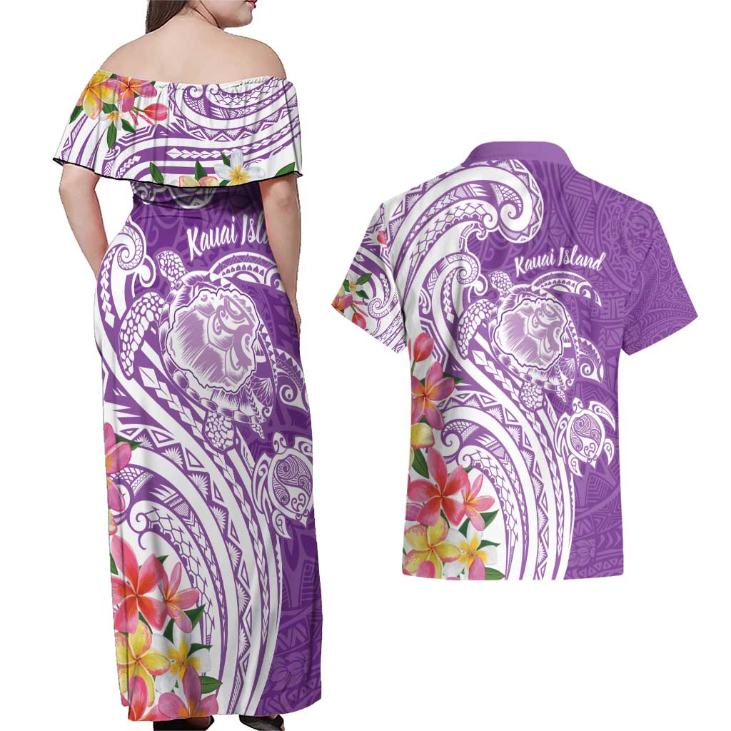 Aloha Kauai Island Personalized Couples Matching Off Shoulder Maxi Dress and Hawaiian Shirt Lilac Dreamy Turtle