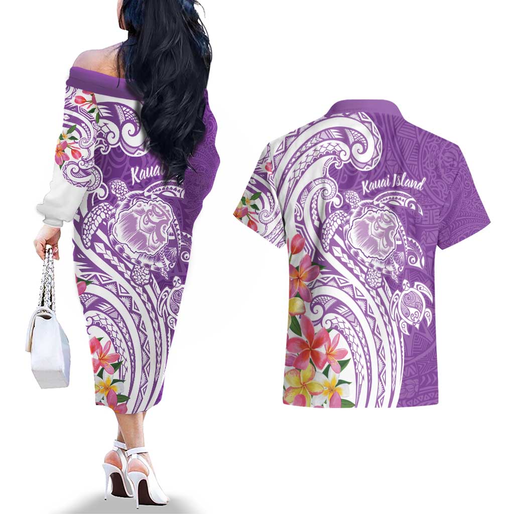 Aloha Kauai Island Personalized Couples Matching Off The Shoulder Long Sleeve Dress and Hawaiian Shirt Lilac Dreamy Turtle