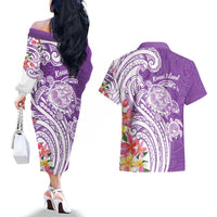Aloha Kauai Island Personalized Couples Matching Off The Shoulder Long Sleeve Dress and Hawaiian Shirt Lilac Dreamy Turtle