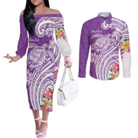 Aloha Kauai Island Personalized Couples Matching Off The Shoulder Long Sleeve Dress and Long Sleeve Button Shirt Lilac Dreamy Turtle