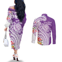 Aloha Kauai Island Personalized Couples Matching Off The Shoulder Long Sleeve Dress and Long Sleeve Button Shirt Lilac Dreamy Turtle