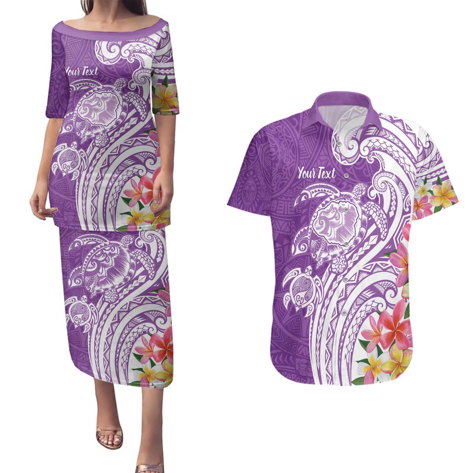 Aloha Kauai Island Personalized Couples Matching Puletasi and Hawaiian Shirt Lilac Dreamy Turtle