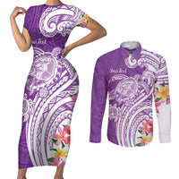 Aloha Kauai Island Personalized Couples Matching Short Sleeve Bodycon Dress and Long Sleeve Button Shirt Lilac Dreamy Turtle