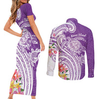 Aloha Kauai Island Personalized Couples Matching Short Sleeve Bodycon Dress and Long Sleeve Button Shirt Lilac Dreamy Turtle