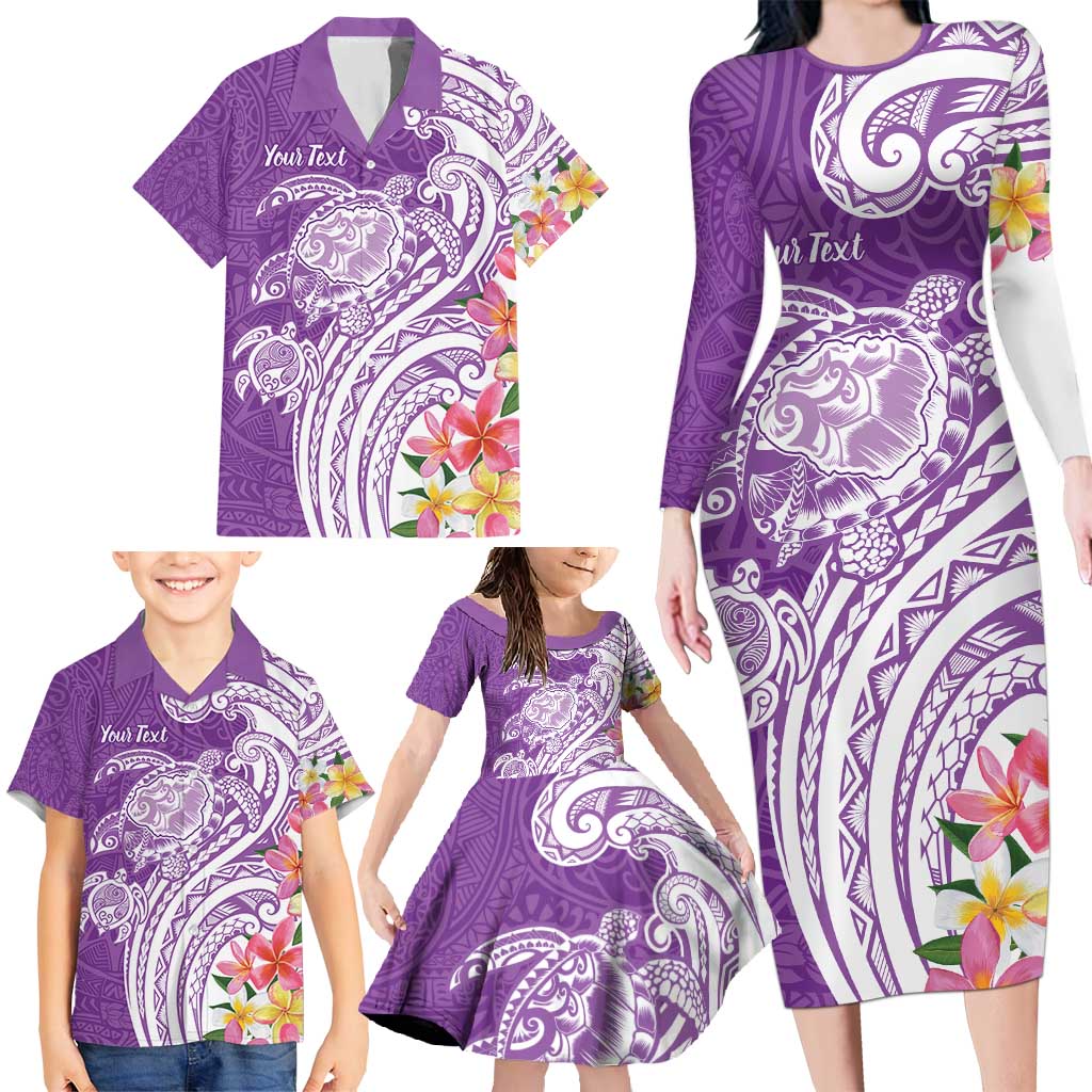Aloha Kauai Island Personalized Family Matching Long Sleeve Bodycon Dress and Hawaiian Shirt Lilac Dreamy Turtle