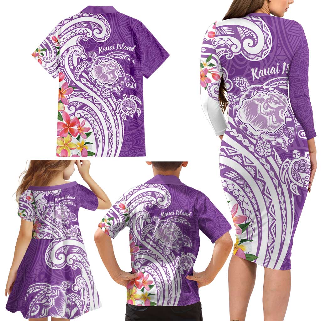Aloha Kauai Island Personalized Family Matching Long Sleeve Bodycon Dress and Hawaiian Shirt Lilac Dreamy Turtle