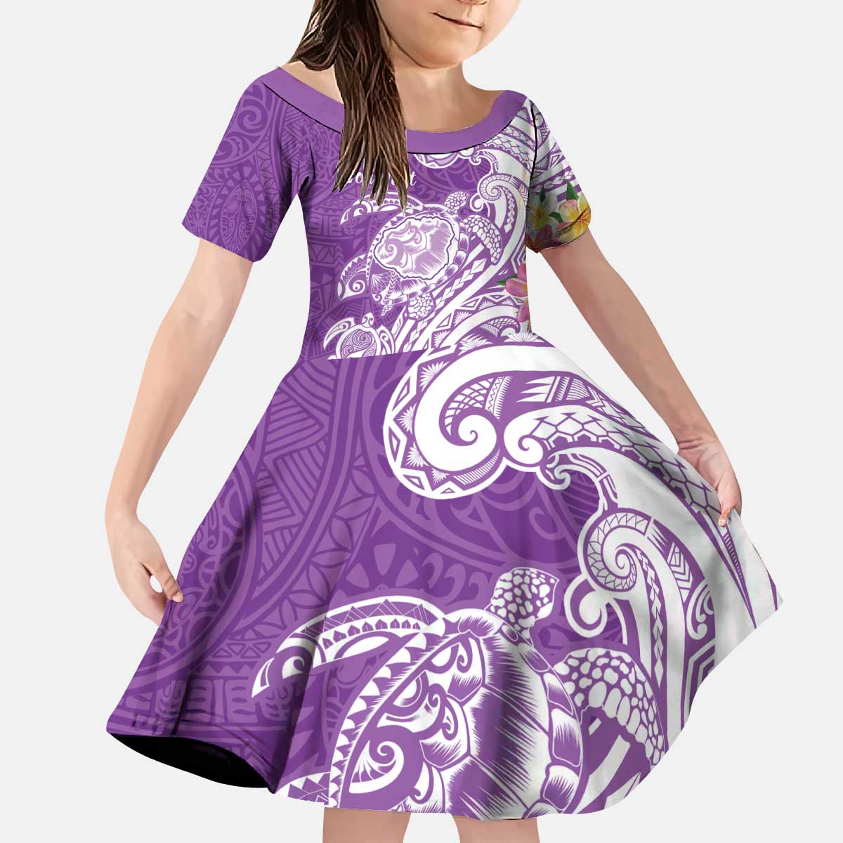 Aloha Kauai Island Personalized Kid Short Sleeve Dress Lilac Dreamy Turtle