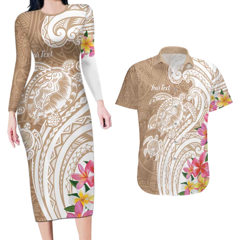 Aloha Ni’ihau Island Personalized Couples Matching Long Sleeve Bodycon Dress and Hawaiian Shirt Beige Dreamy Turtle