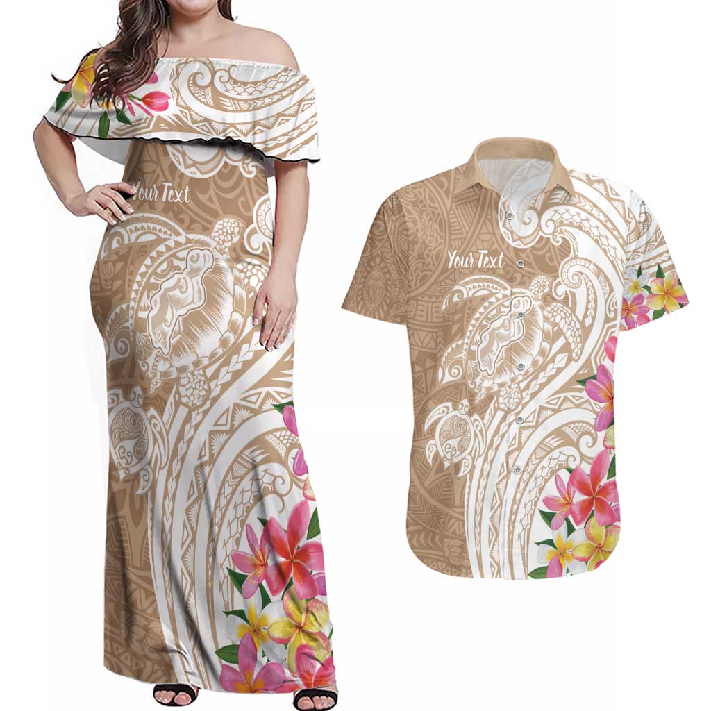 Aloha Ni’ihau Island Personalized Couples Matching Off Shoulder Maxi Dress and Hawaiian Shirt Beige Dreamy Turtle