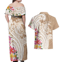Aloha Ni’ihau Island Personalized Couples Matching Off Shoulder Maxi Dress and Hawaiian Shirt Beige Dreamy Turtle