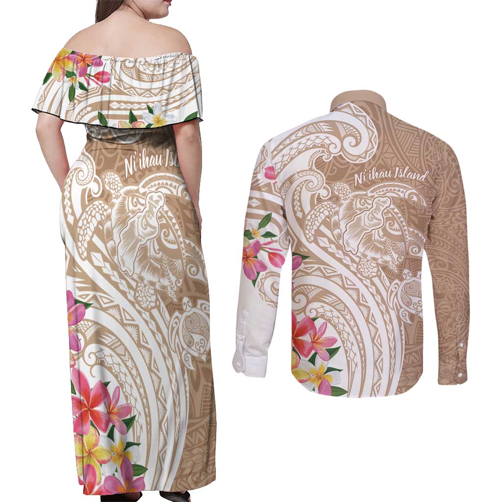 Aloha Niihau Island Personalized Couples Matching Off Shoulder Maxi Dress and Long Sleeve Button Shirt Beige Dreamy Turtle LT7 - Polynesian Pride