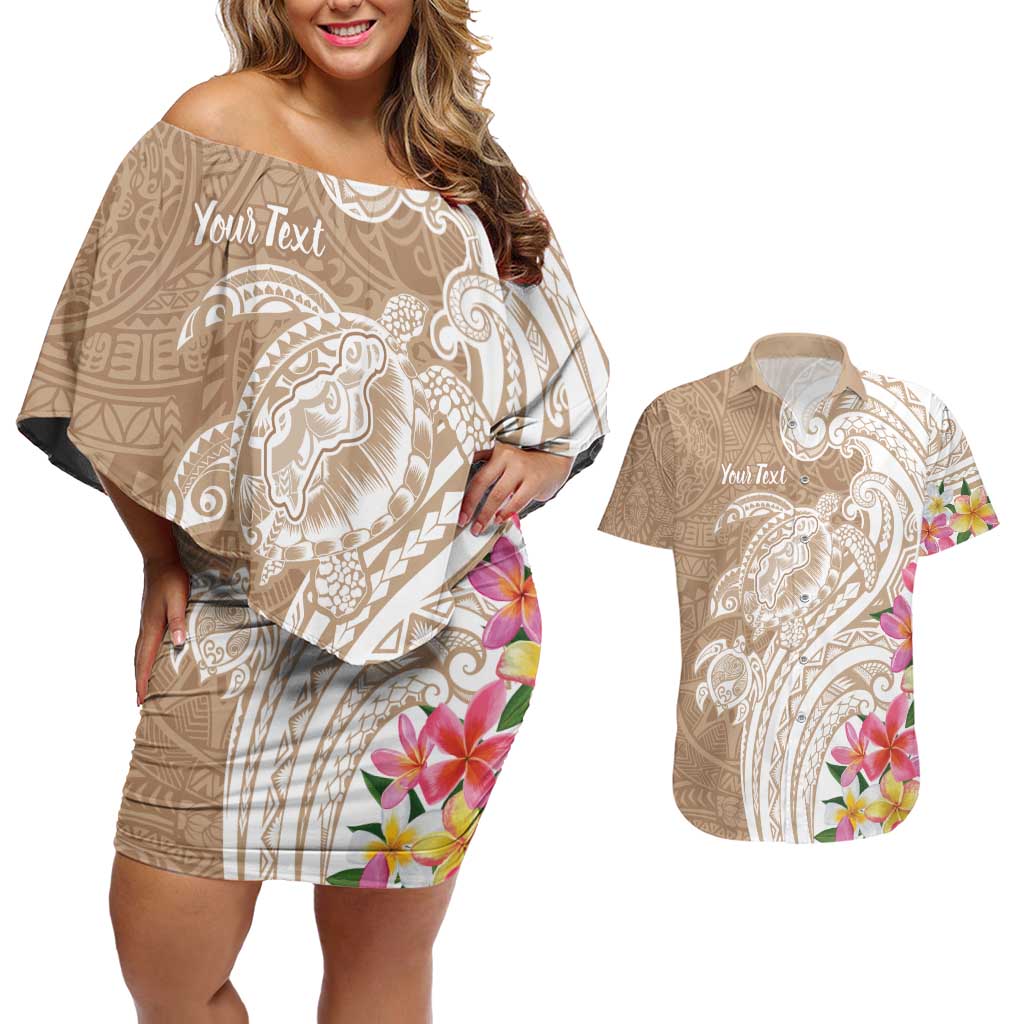 Aloha Ni’ihau Island Personalized Couples Matching Off Shoulder Short Dress and Hawaiian Shirt Beige Dreamy Turtle