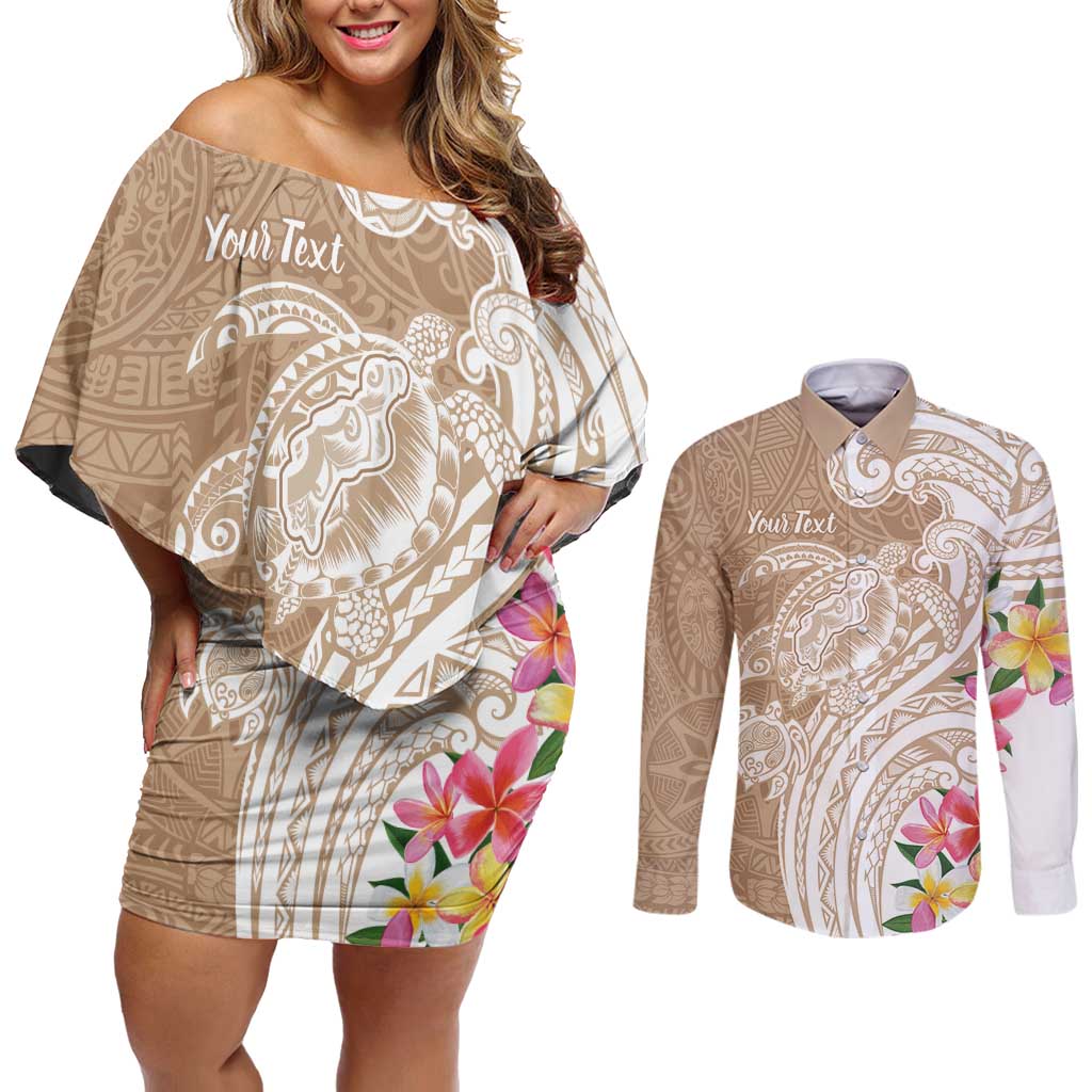 Aloha Niihau Island Personalized Couples Matching Off Shoulder Short Dress and Long Sleeve Button Shirt Beige Dreamy Turtle LT7 Beige - Polynesian Pride