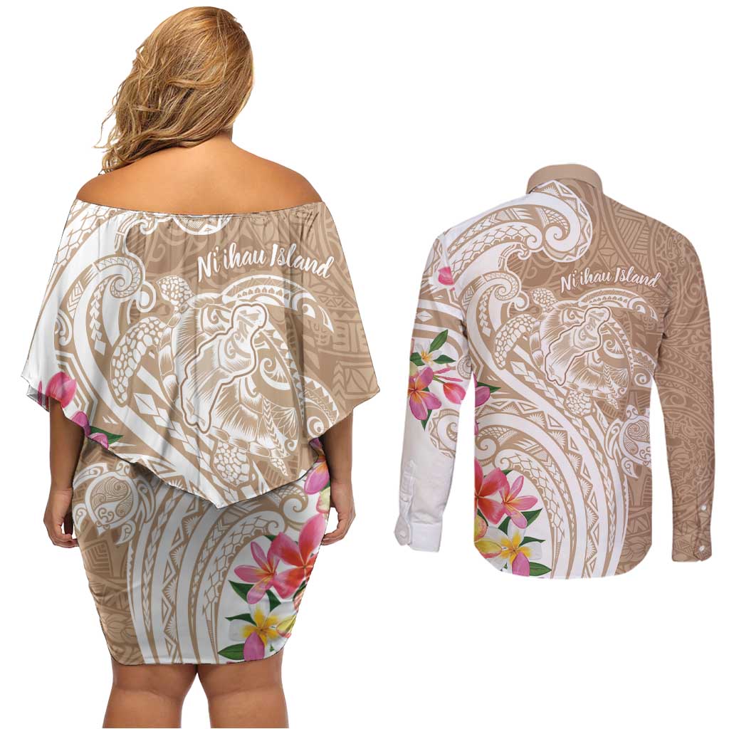 Aloha Niihau Island Personalized Couples Matching Off Shoulder Short Dress and Long Sleeve Button Shirt Beige Dreamy Turtle LT7 - Polynesian Pride