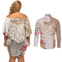 Aloha Niihau Island Personalized Couples Matching Off Shoulder Short Dress and Long Sleeve Button Shirt Beige Dreamy Turtle LT7 - Polynesian Pride