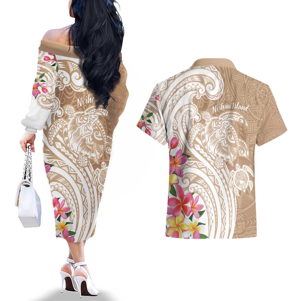 Aloha Ni’ihau Island Personalized Couples Matching Off The Shoulder Long Sleeve Dress and Hawaiian Shirt Beige Dreamy Turtle