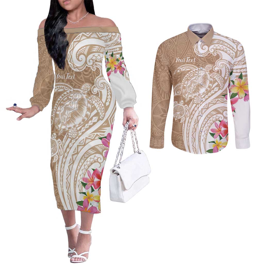 Aloha Ni’ihau Island Personalized Couples Matching Off The Shoulder Long Sleeve Dress and Long Sleeve Button Shirt Beige Dreamy Turtle