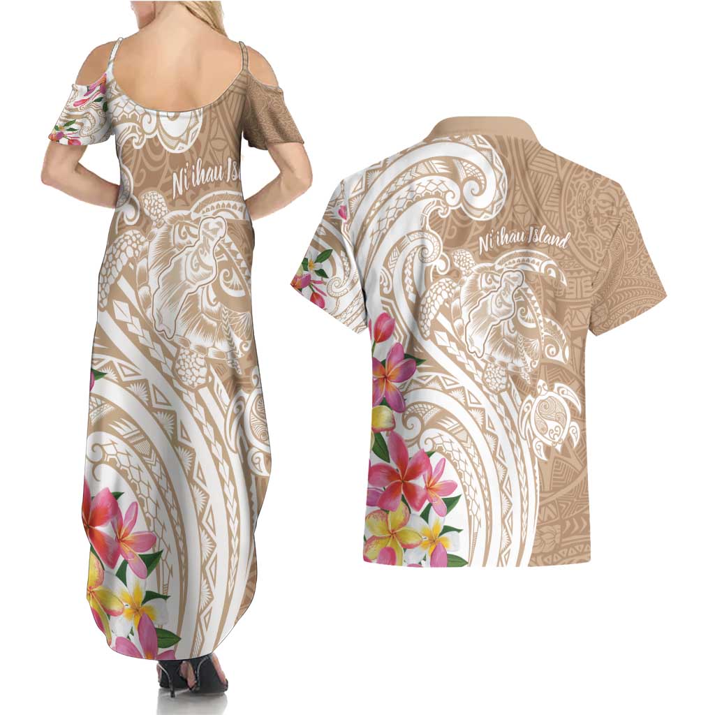 Aloha Ni’ihau Island Personalized Couples Matching Summer Maxi Dress and Hawaiian Shirt Beige Dreamy Turtle
