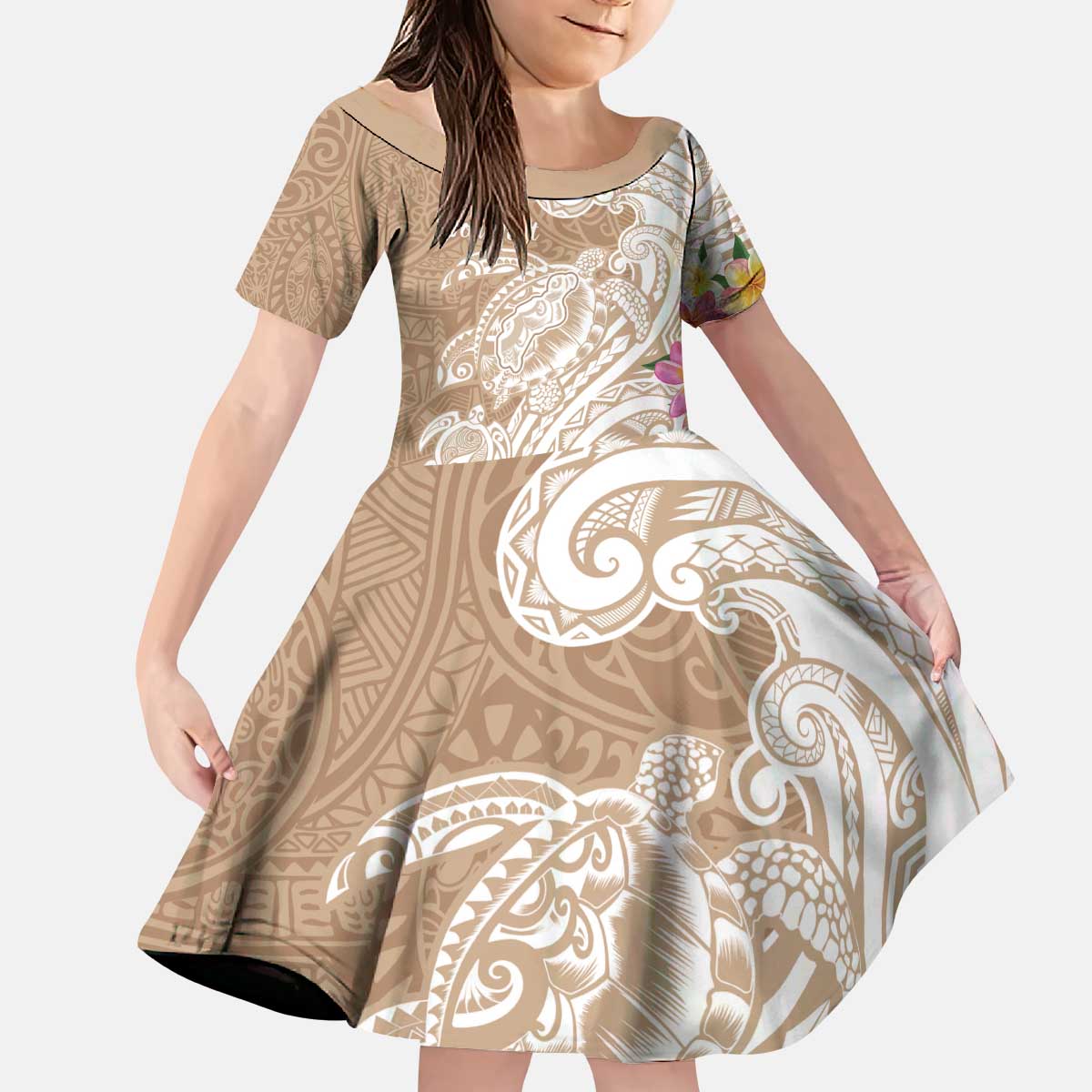 Aloha Niihau Island Personalized Kid Short Sleeve Dress Beige Dreamy Turtle LT7 KID Beige - Polynesian Pride