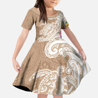 Aloha Niihau Island Personalized Kid Short Sleeve Dress Beige Dreamy Turtle LT7 KID Beige - Polynesian Pride