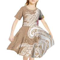 Aloha Niihau Island Personalized Kid Short Sleeve Dress Beige Dreamy Turtle LT7 - Polynesian Pride