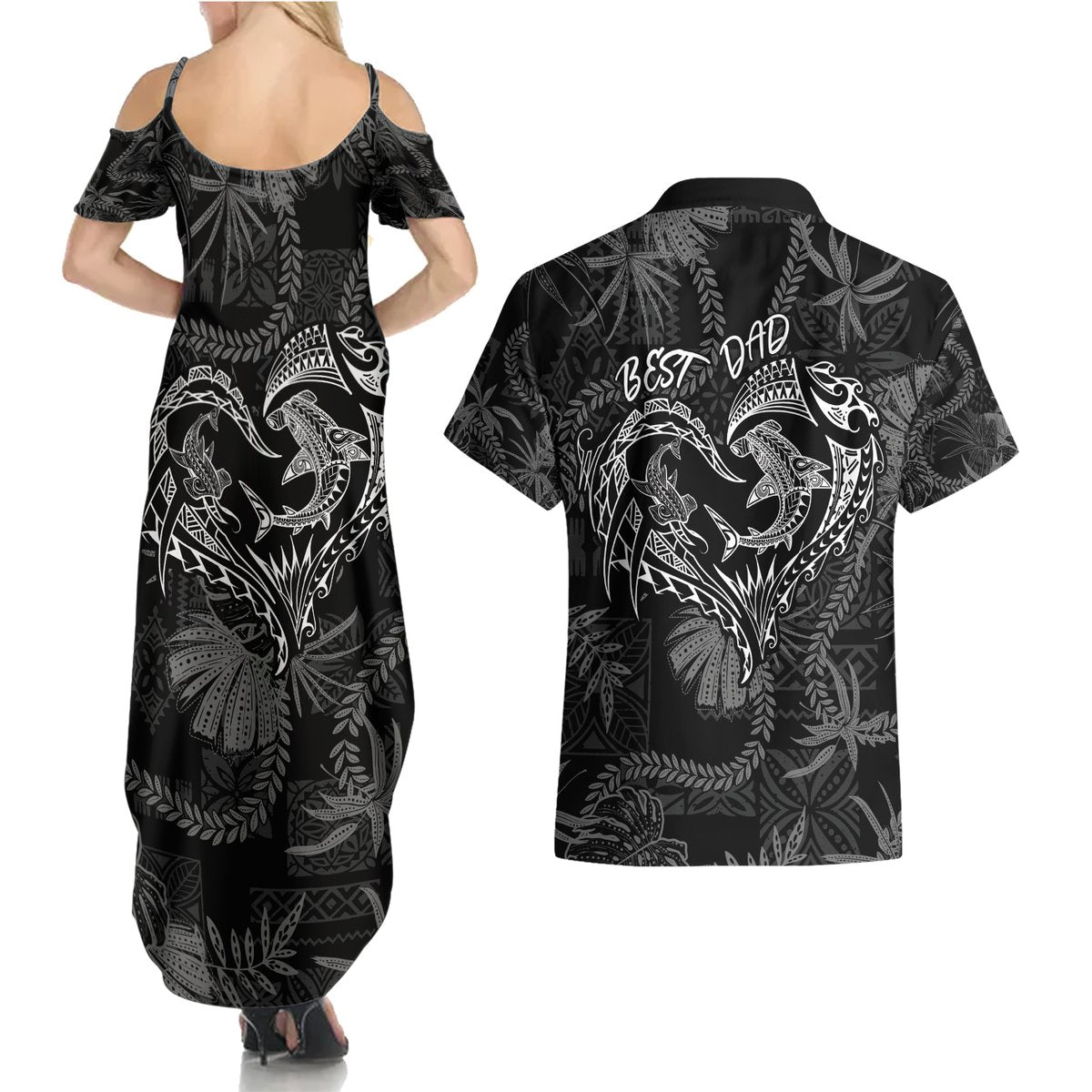 Hawaii Father's Day Vintage Lei Couples Matching Summer Maxi Dress and Hawaiian Shirt Hauoli la Makuakane - Black