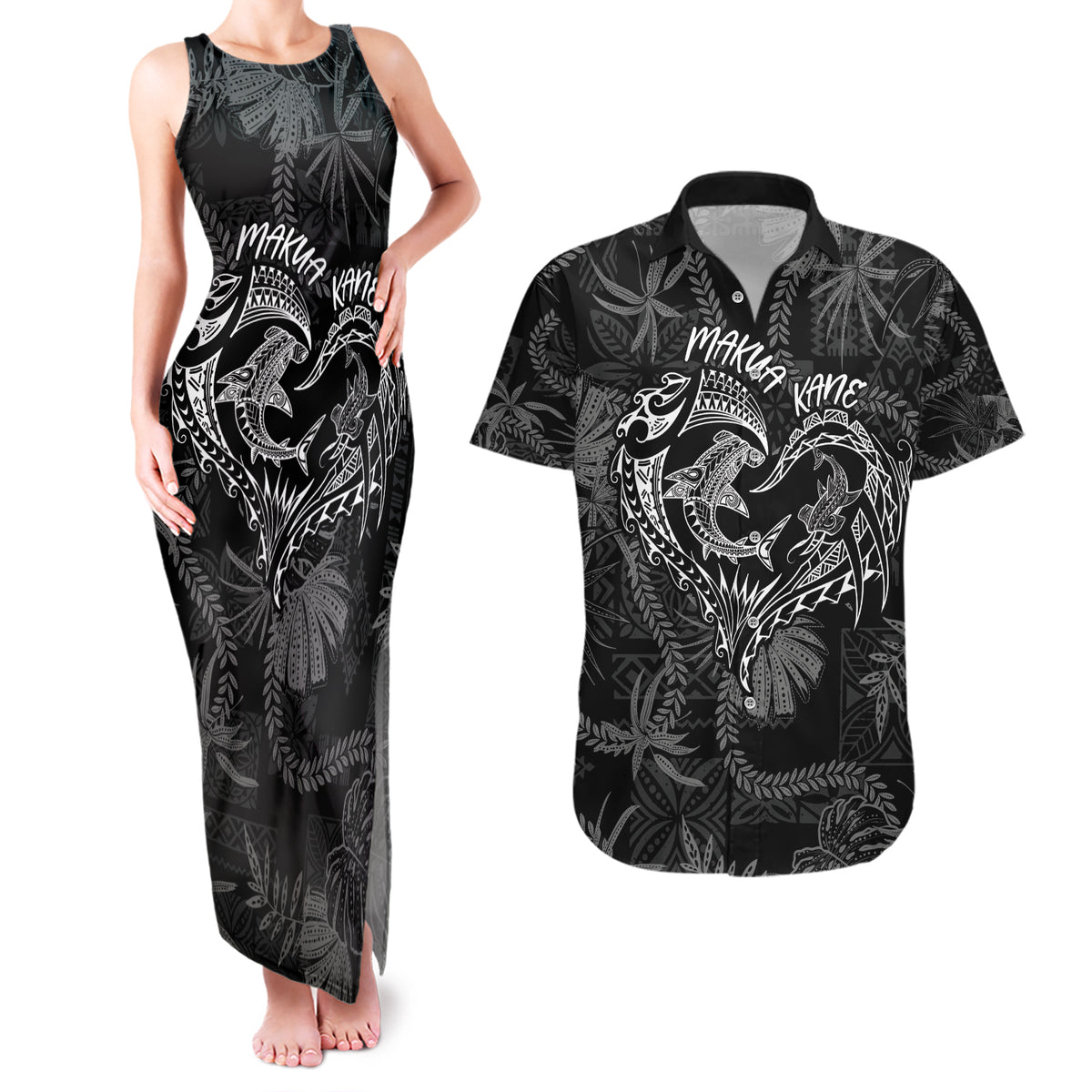 Hawaii Father's Day Vintage Lei Couples Matching Tank Maxi Dress and Hawaiian Shirt Hauoli la Makuakane - Black