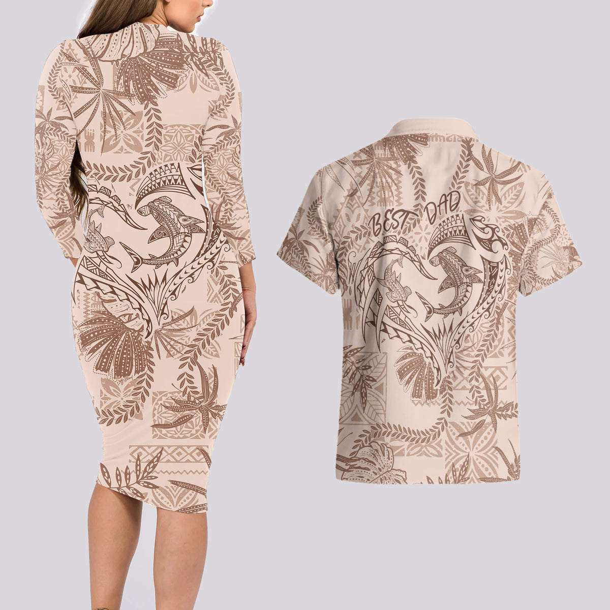 Hawaii Father's Day Vintage Lei Couples Matching Long Sleeve Bodycon Dress and Hawaiian Shirt Hauoli la Makuakane - Beige