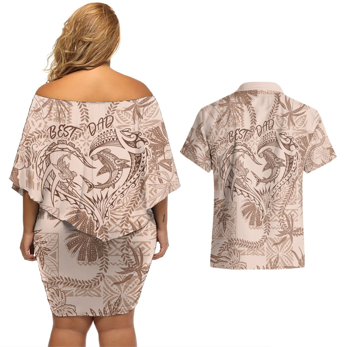 Hawaii Father's Day Vintage Lei Couples Matching Off Shoulder Short Dress and Hawaiian Shirt Hauoli la Makuakane - Beige