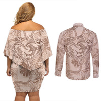 Hawaii Father's Day Vintage Lei Couples Matching Off Shoulder Short Dress and Long Sleeve Button Shirt Hauoli la Makuakane - Beige
