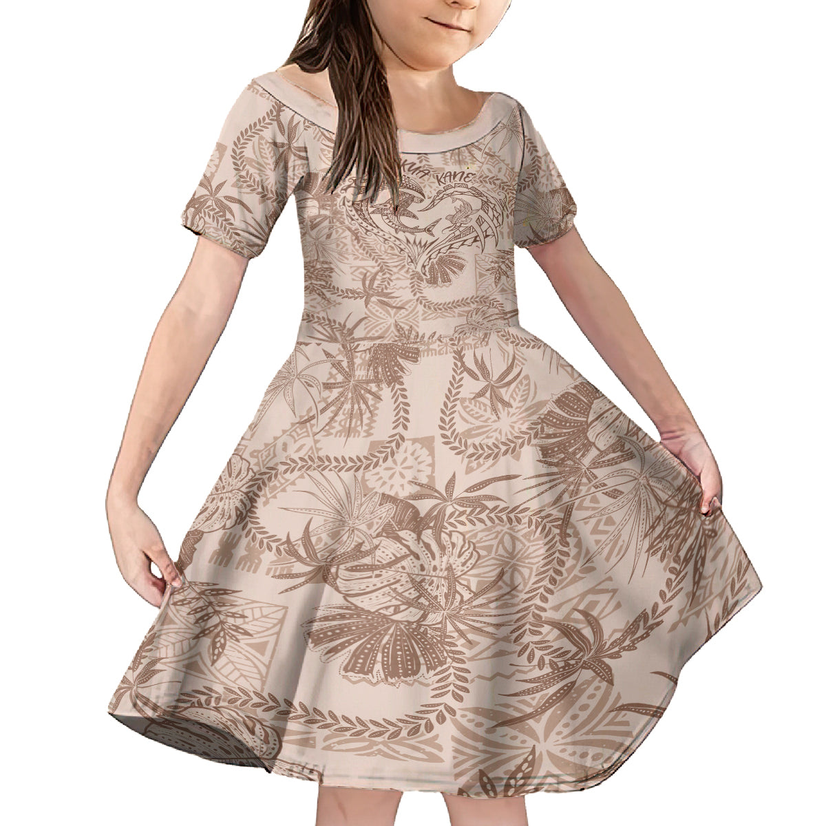 Hawaii Father's Day Vintage Lei Family Matching Off The Shoulder Long Sleeve Dress and Hawaiian Shirt Hauoli la Makuakane - Beige