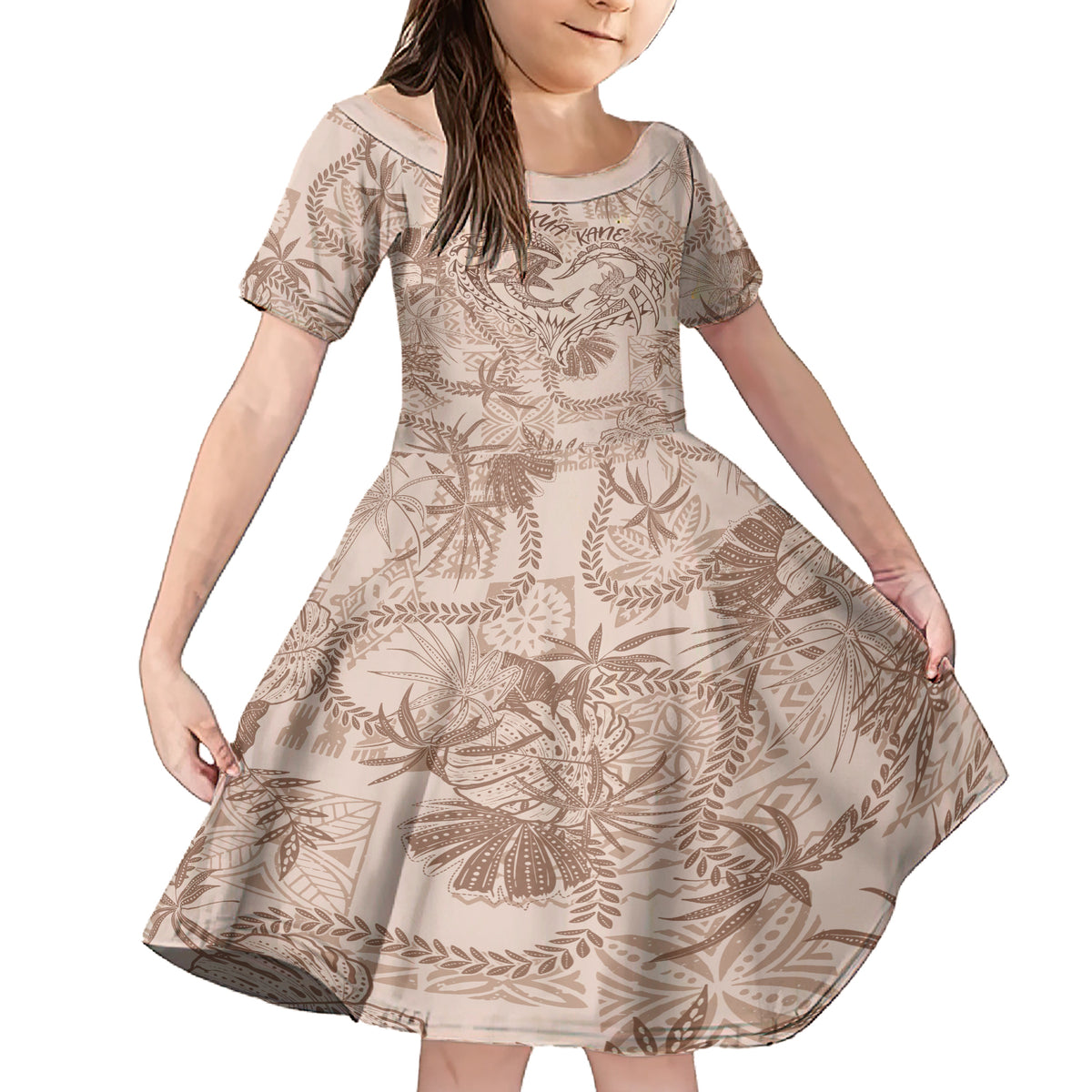 Hawaii Father's Day Vintage Lei Family Matching Short Sleeve Bodycon Dress and Hawaiian Shirt Hauoli la Makuakane - Beige