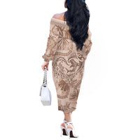 Hawaii Father's Day Vintage Lei Off The Shoulder Long Sleeve Dress Hauoli la Makuakane - Beige