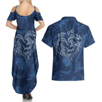 Hawaii Father's Day Vintage Lei Couples Matching Summer Maxi Dress and Hawaiian Shirt Hauoli la Makuakane - Blue