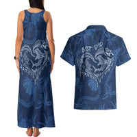 Hawaii Father's Day Vintage Lei Couples Matching Tank Maxi Dress and Hawaiian Shirt Hauoli la Makuakane - Blue