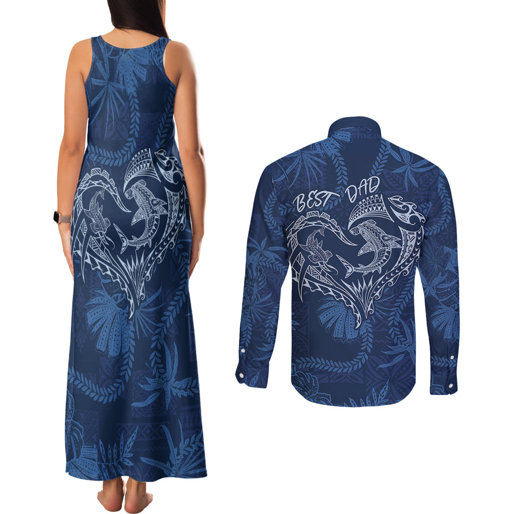 Hawaii Father's Day Vintage Lei Couples Matching Tank Maxi Dress and Long Sleeve Button Shirt Hauoli la Makuakane - Blue