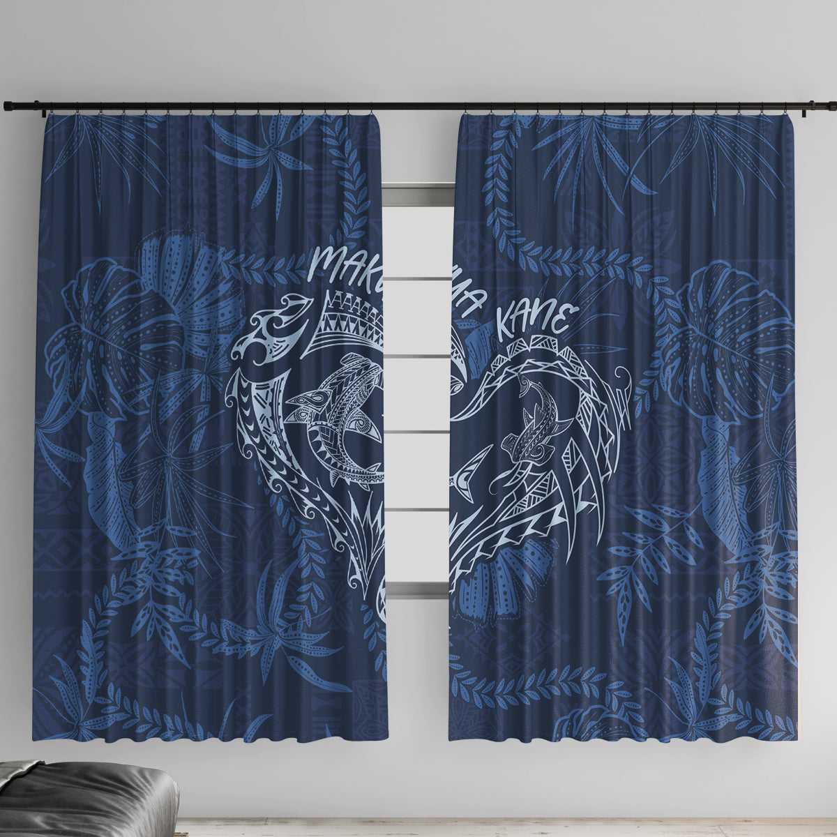 Hawaii Father's Day Vintage Lei Window Curtain Hauoli la Makuakane - Blue