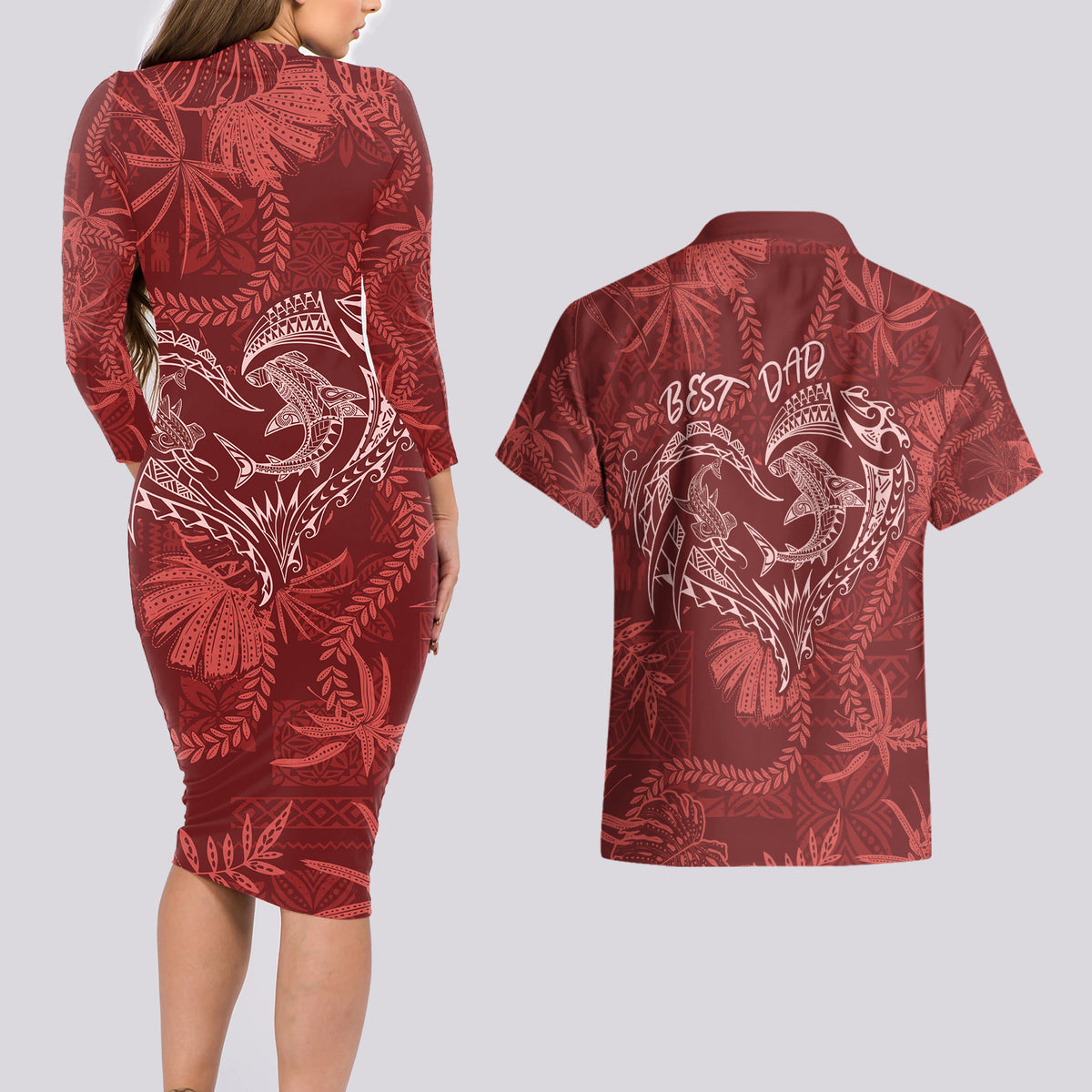 Hawaii Father's Day Vintage Lei Couples Matching Long Sleeve Bodycon Dress and Hawaiian Shirt Hauoli la Makuakane - Red