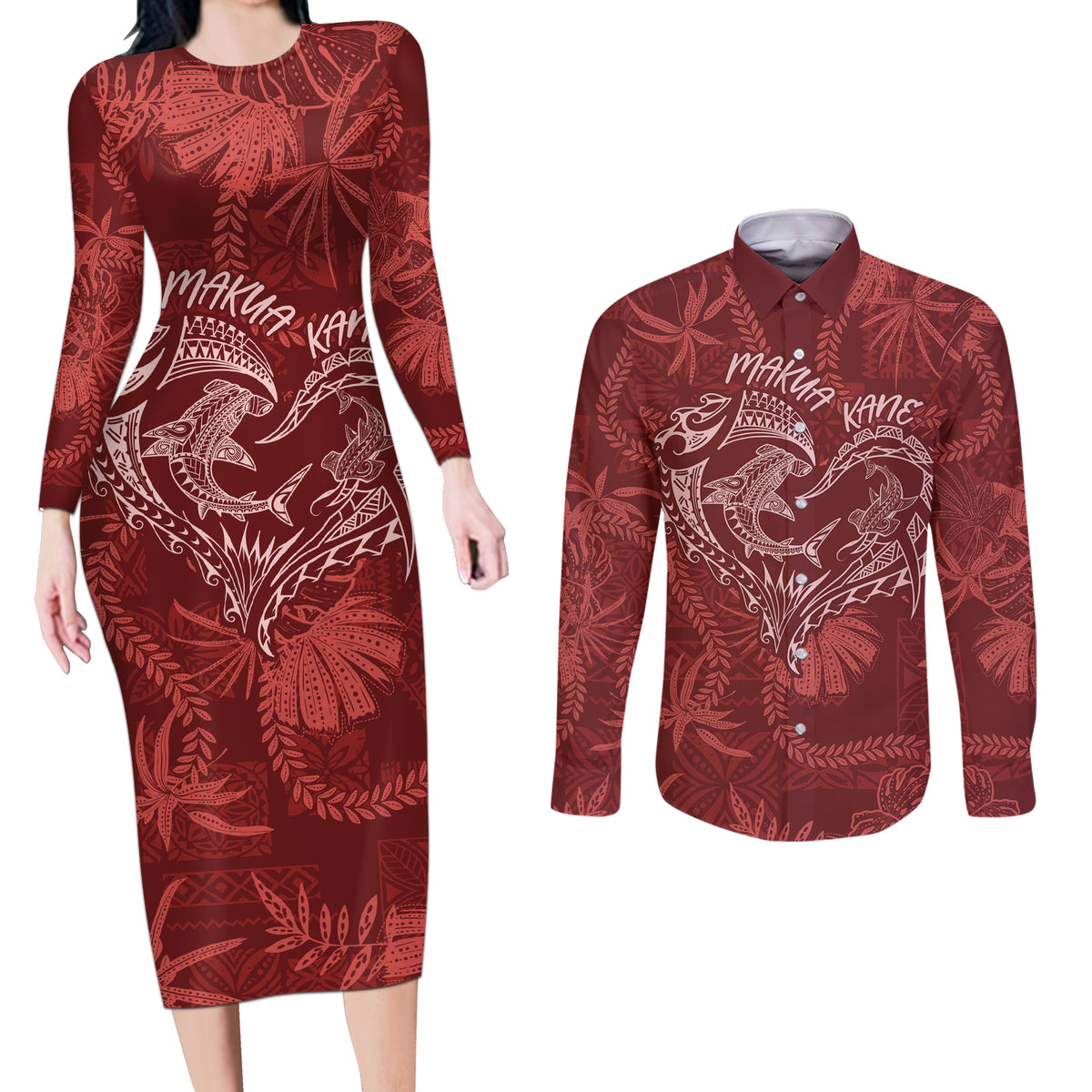 Hawaii Father's Day Vintage Lei Couples Matching Long Sleeve Bodycon Dress and Long Sleeve Button Shirt Hauoli la Makuakane - Red LT7 Red - Polynesian Pride