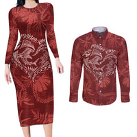 Hawaii Father's Day Vintage Lei Couples Matching Long Sleeve Bodycon Dress and Long Sleeve Button Shirt Hauoli la Makuakane - Red LT7 Red - Polynesian Pride