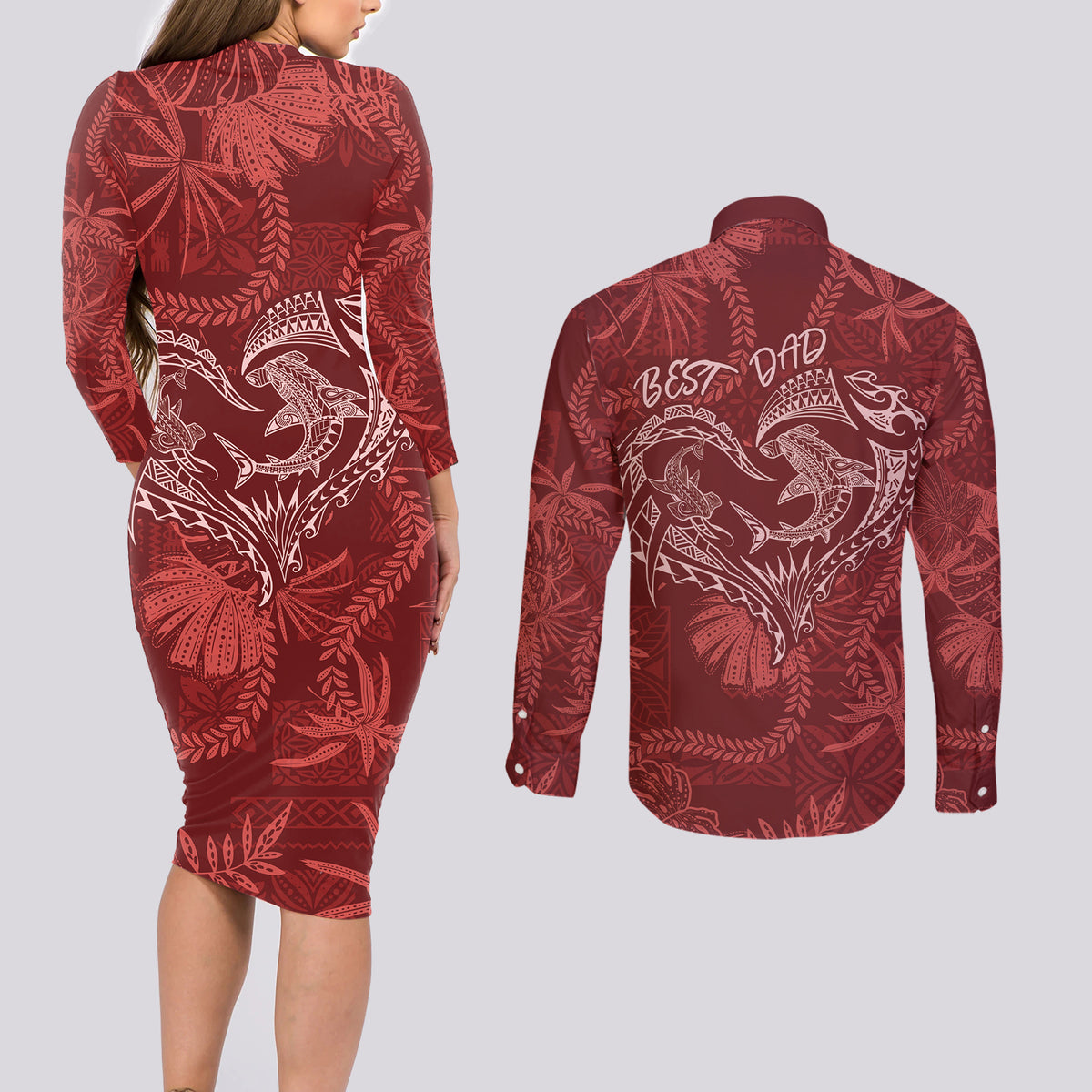 Hawaii Father's Day Vintage Lei Couples Matching Long Sleeve Bodycon Dress and Long Sleeve Button Shirt Hauoli la Makuakane - Red LT7 - Polynesian Pride