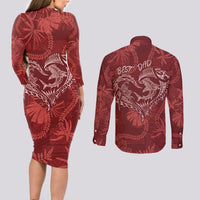 Hawaii Father's Day Vintage Lei Couples Matching Long Sleeve Bodycon Dress and Long Sleeve Button Shirt Hauoli la Makuakane - Red LT7 - Polynesian Pride