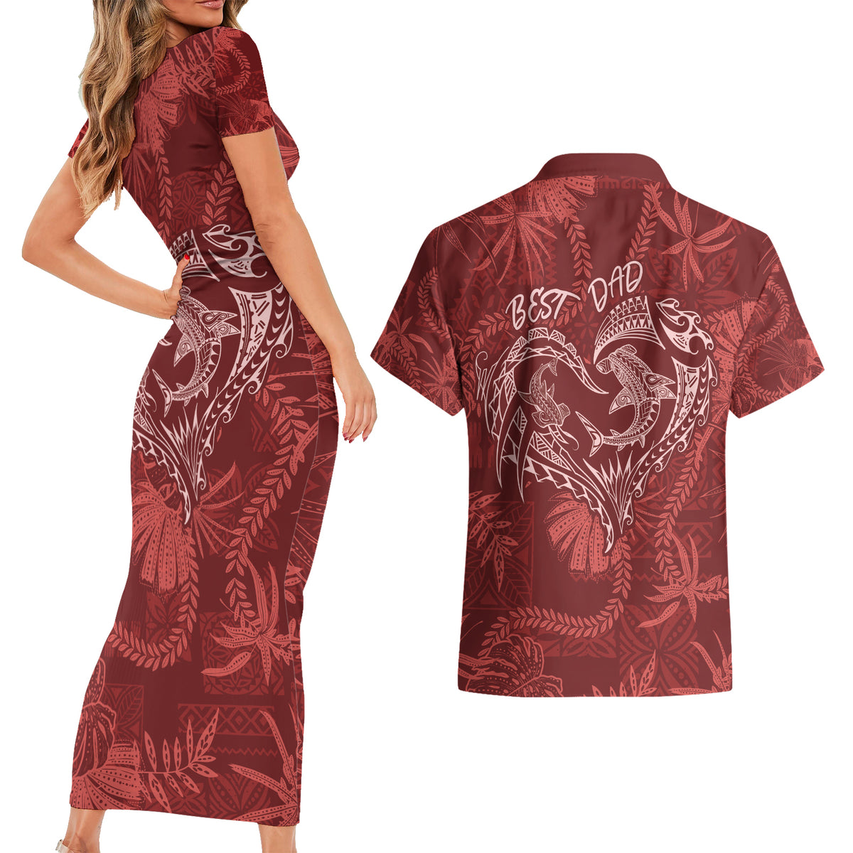 Hawaii Father's Day Vintage Lei Couples Matching Short Sleeve Bodycon Dress and Hawaiian Shirt Hauoli la Makuakane - Red