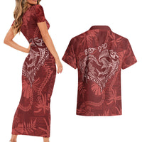 Hawaii Father's Day Vintage Lei Couples Matching Short Sleeve Bodycon Dress and Hawaiian Shirt Hauoli la Makuakane - Red